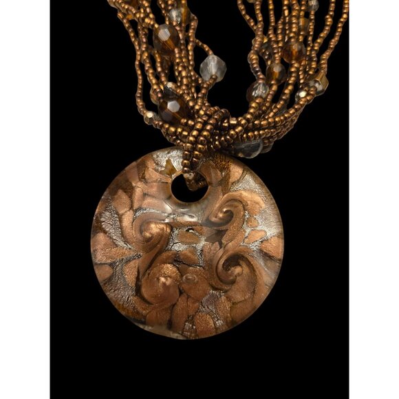 Multi-Strand Glass Bead Necklace With Bronze Swirl Pendant Art Glass Look - Picture 6 of 7